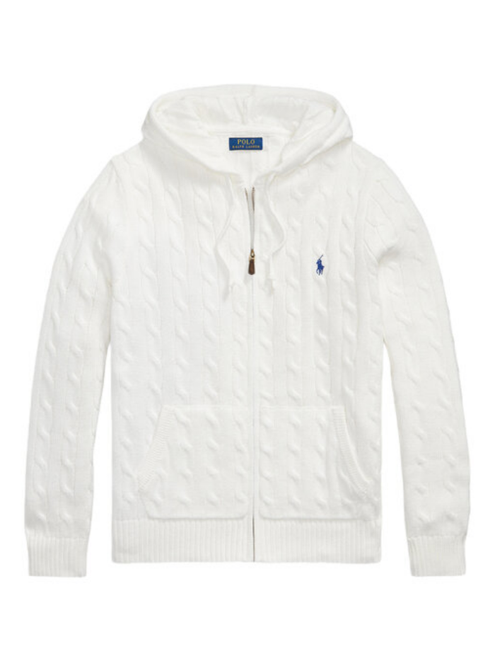 RALPH LAUREN Cable-Knit Cotton Hooded Sweater White