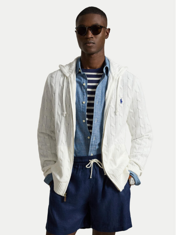 RALPH LAUREN Cable-Knit Cotton Hooded Sweater White