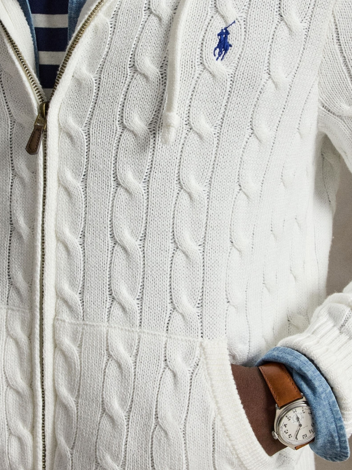 RALPH LAUREN Cable-Knit Cotton Hooded Sweater White