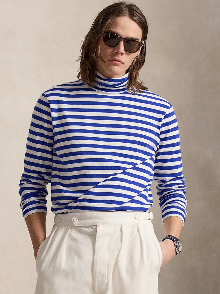 RALPH LAUREN Classic Fit Striped Rollneck Pullover Rugby Royal/White