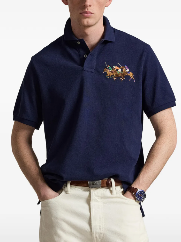 RALPH LAUREN Classic Fit Triple-Pony Mesh Polo Shirt Newport Navy