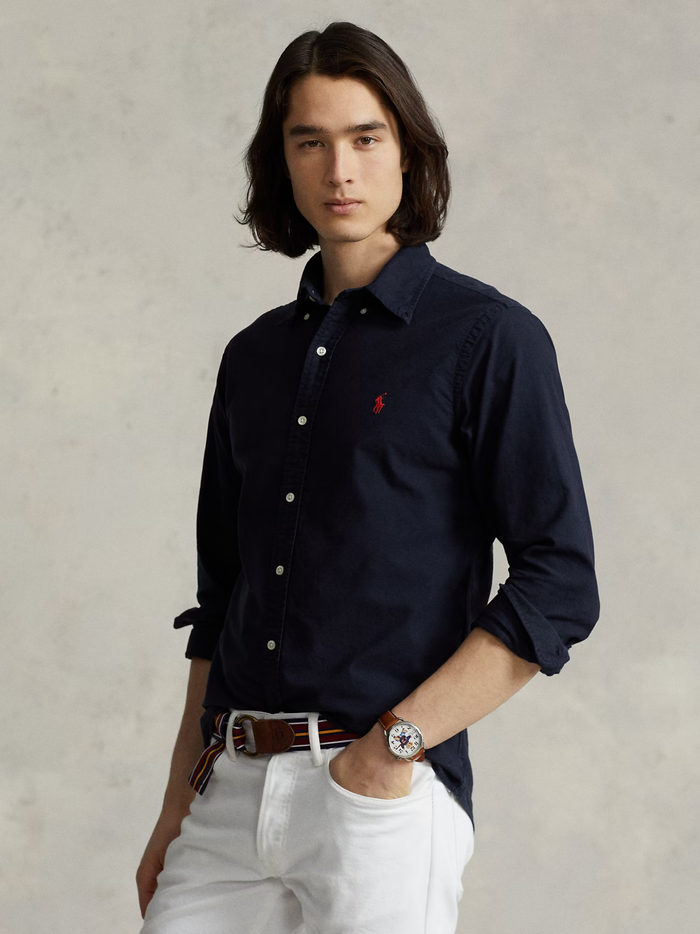 RALPH LAUREN Custom Fit Garment-Dyed Oxford Shirt Navy - MAISONDEFASHION.COM