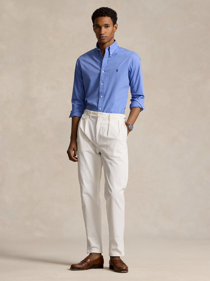 RALPH LAUREN Custom Fit Stretch Poplin Shirt Blue End On End - MAISONDEFASHION.COM