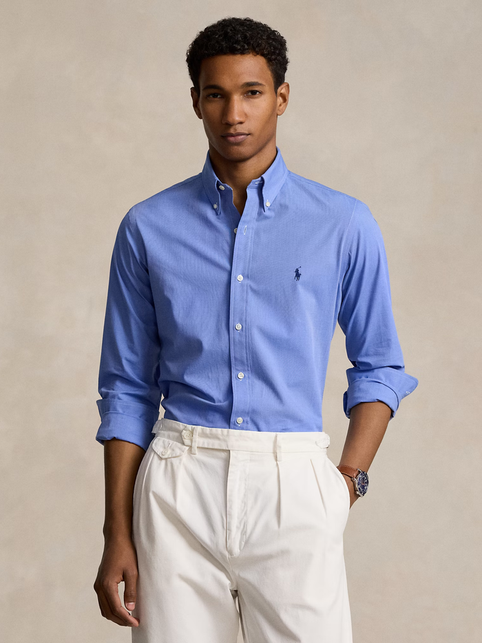 RALPH LAUREN Custom Fit Stretch Poplin Shirt Blue End On End - MAISONDEFASHION.COM