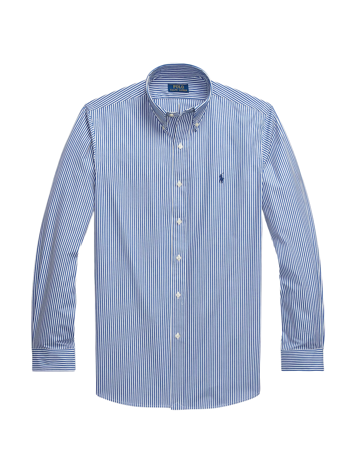 RALPH LAUREN Custom Fit Stretch Poplin Shirt Blue/White Bengal Stripe - MAISONDEFASHION.COM