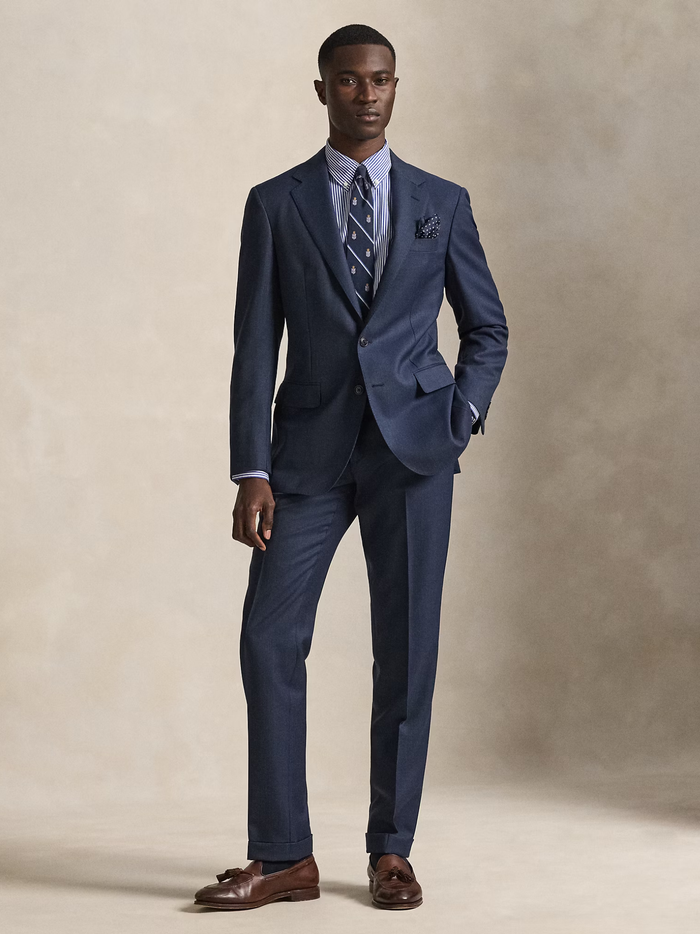 RALPH LAUREN Custom Fit Stretch Poplin Shirt Blue/White Bengal Stripe - MAISONDEFASHION.COM