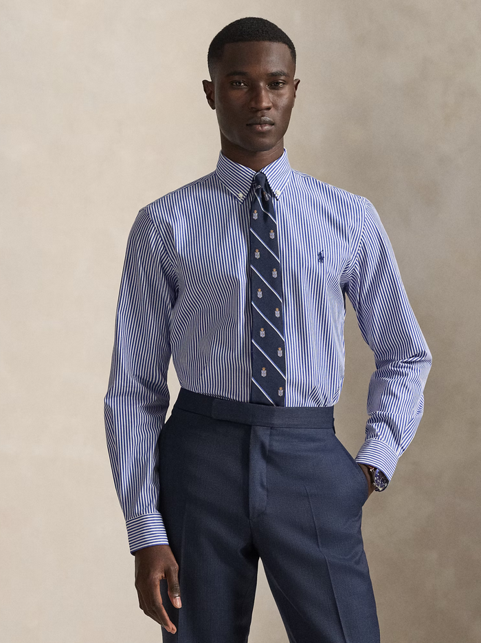 RALPH LAUREN Custom Fit Stretch Poplin Shirt Blue/White Bengal Stripe - MAISONDEFASHION.COM