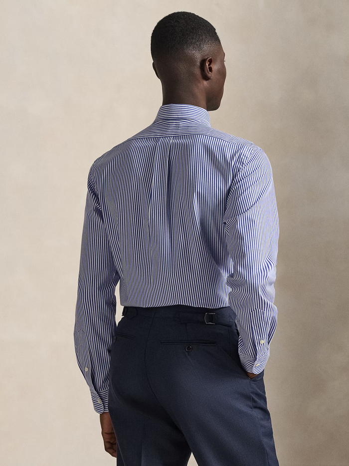 RALPH LAUREN Custom Fit Stretch Poplin Shirt Blue/White Bengal Stripe - MAISONDEFASHION.COM
