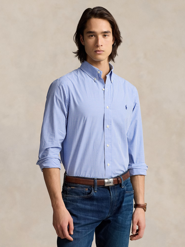 RALPH LAUREN Custom Fit Stretch Poplin Shirt Blue/White Check - MAISONDEFASHION.COM