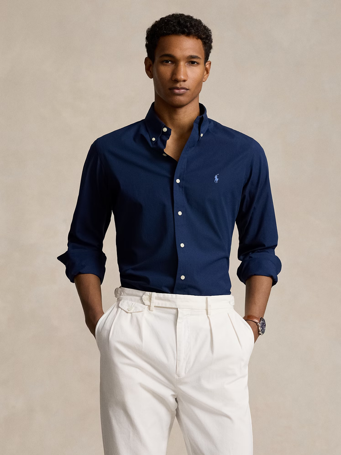 RALPH LAUREN Custom Fit Stretch Poplin Shirt Newport Navy - MAISONDEFASHION.COM