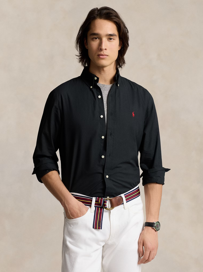 RALPH LAUREN Custom Fit Stretch Poplin Shirt Polo Black - MAISONDEFASHION.COM