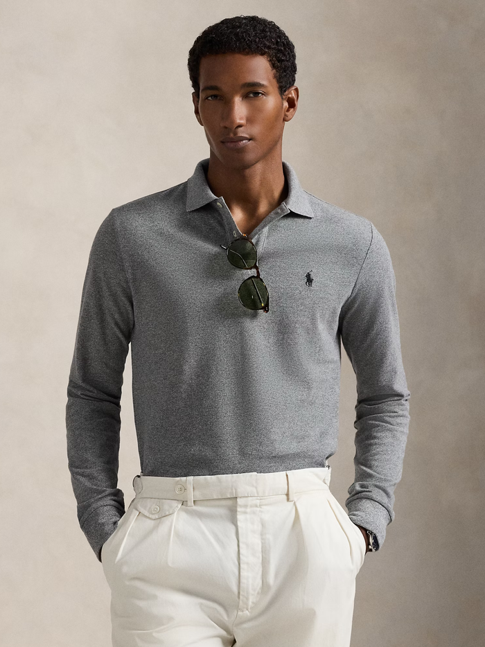 RALPH LAUREN Custom Slim Fit Mesh Polo Shirt Canterbury Heather - MAISONDEFASHION.COM
