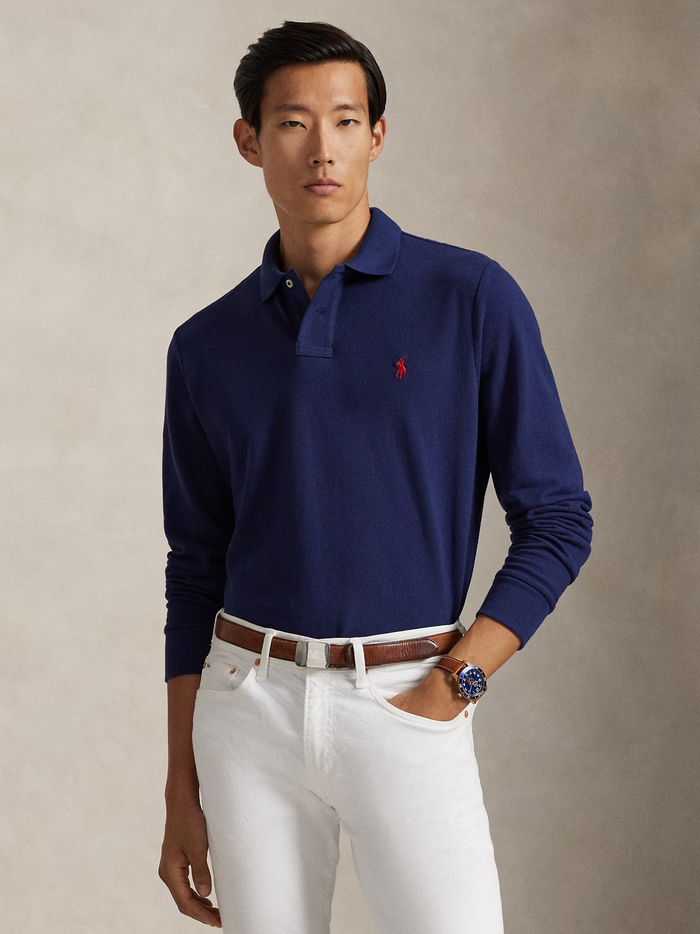 RALPH LAUREN Custom Slim Fit Mesh Polo Shirt Newport Navy - MAISONDEFASHION.COM