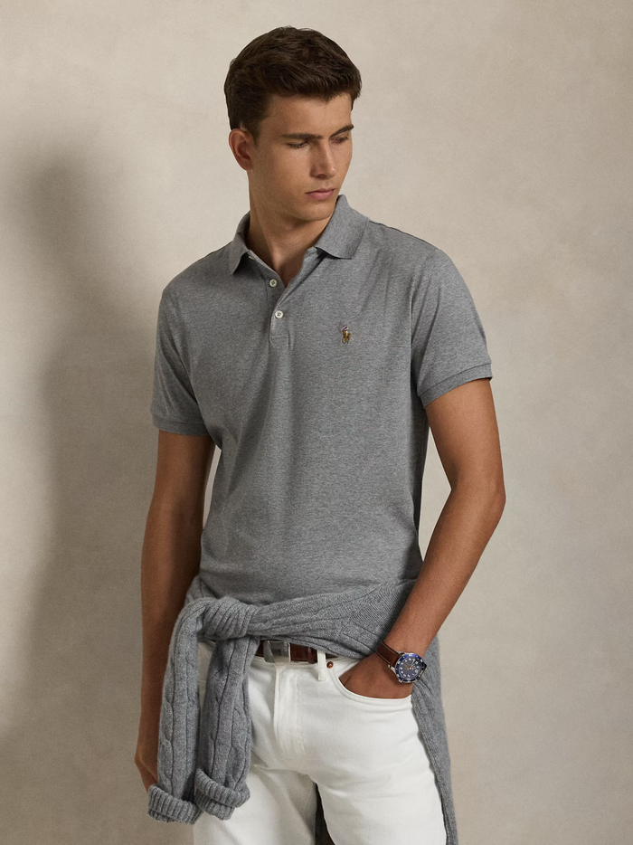 RALPH LAUREN Custom Slim Fit Soft Cotton Polo Shirt Steel Heather - MAISONDEFASHION.COM