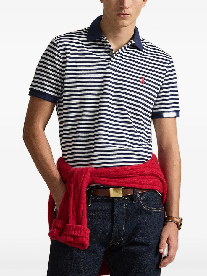 RALPH LAUREN Custom Slim Fit Striped Mesh Polo Shirt Newport Navy/White