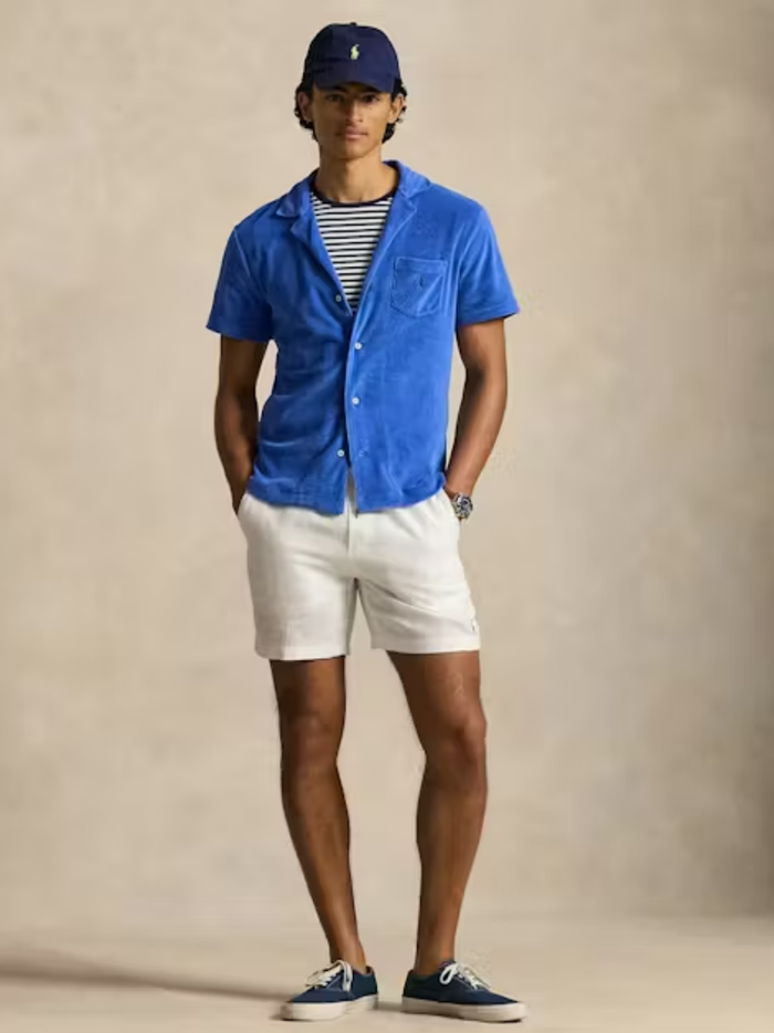 RALPH LAUREN Custom Slim Fit Terry Camp Shirt Modern Royal - MAISONDEFASHION.COM