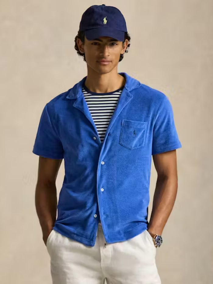 RALPH LAUREN Custom Slim Fit Terry Camp Shirt Modern Royal - MAISONDEFASHION.COM