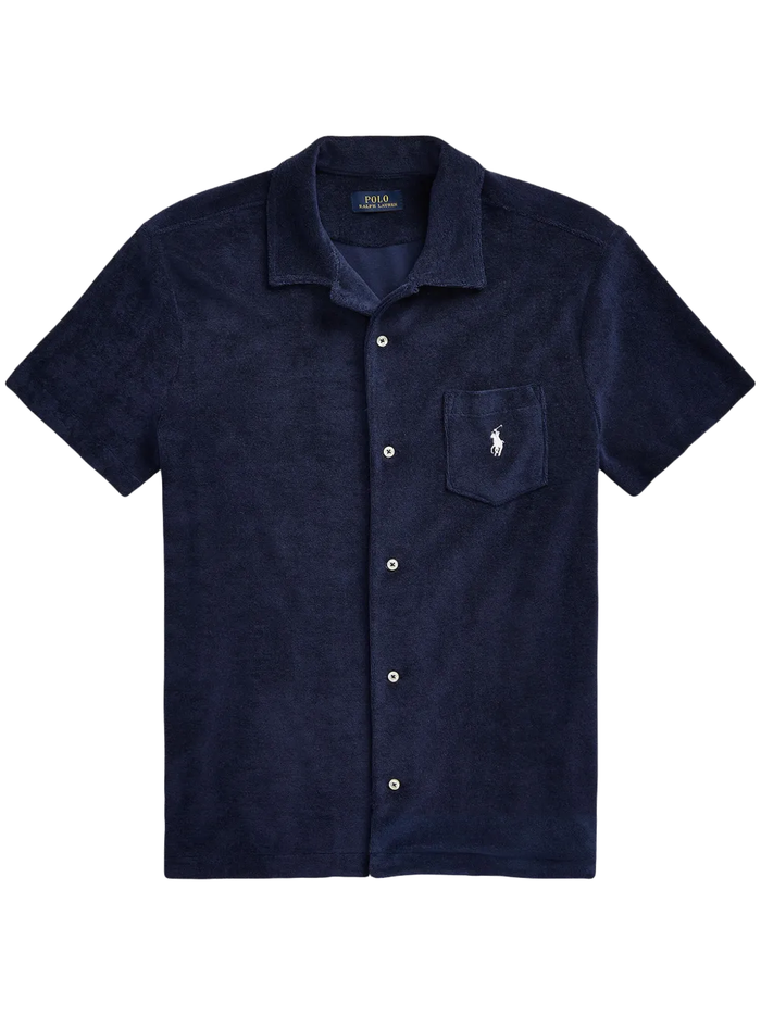 RALPH LAUREN Custom Slim Fit Terry Camp Shirt Navy - MAISONDEFASHION.COM