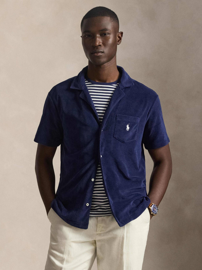 RALPH LAUREN Custom Slim Fit Terry Camp Shirt Navy - MAISONDEFASHION.COM