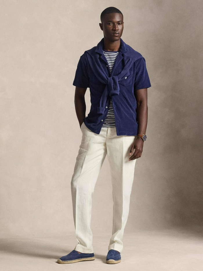 RALPH LAUREN Custom Slim Fit Terry Camp Shirt Navy - MAISONDEFASHION.COM