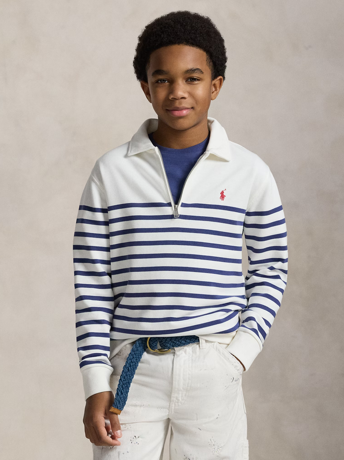 RALPH LAUREN KIDS Boys Striped French Terry Sweatshirt Deckwash White/Light Navy