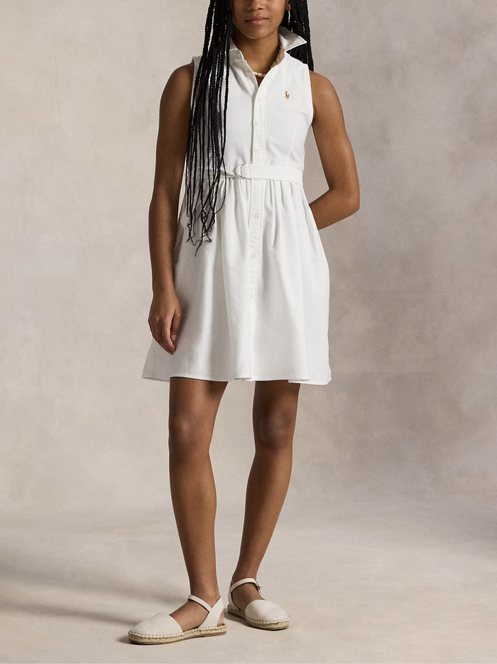 RALPH LAUREN KIDS Girls Belted Cotton Oxford Shirtdress White