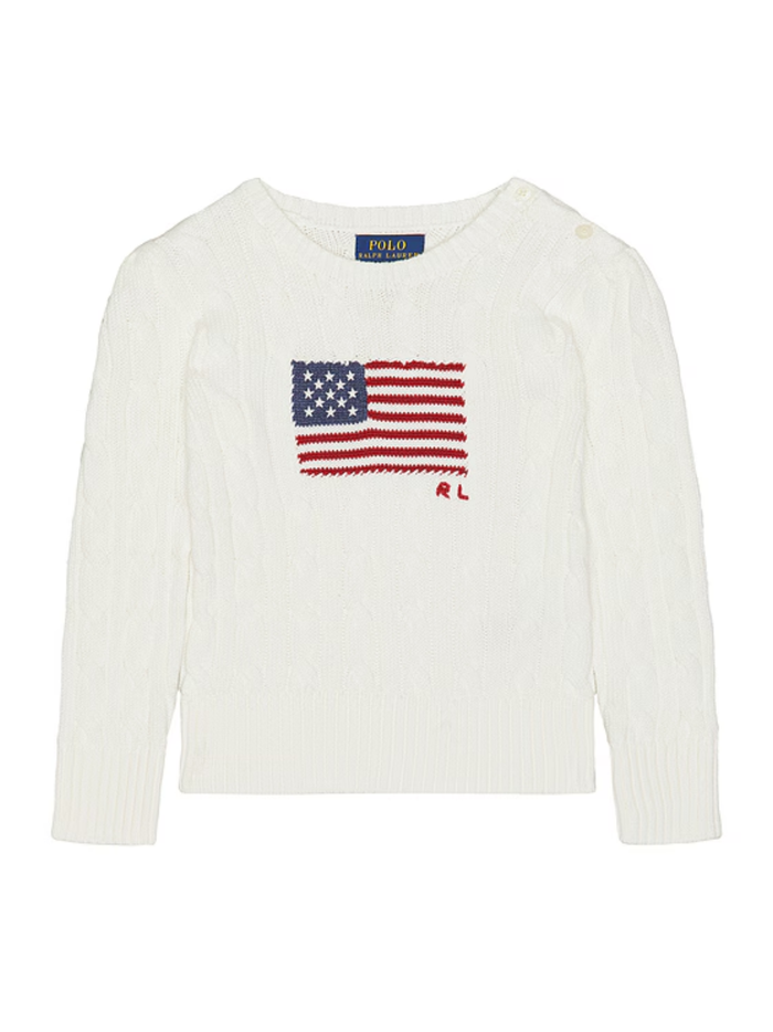 RALPH LAUREN KIDS Girls Cable Knit Flag Crewneck Sweater White