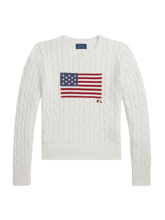 RALPH LAUREN KIDS Girls Cable-knit Flag Sweater White