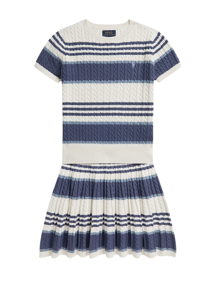 RALPH LAUREN KIDS Girls Pony Striped Cable-knit Jumper And Skirt Set White