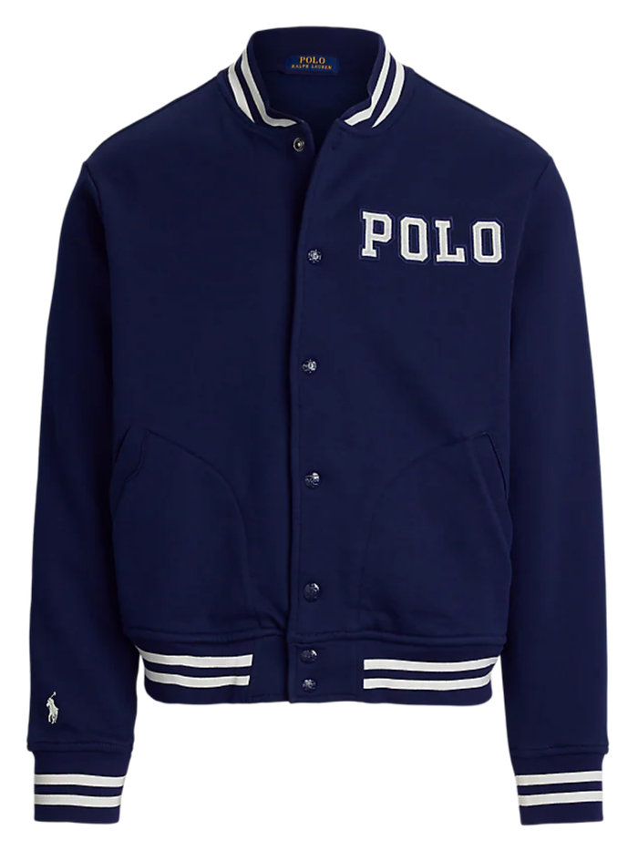 RALPH LAUREN Logo Fleece Baseball Jacket Newport Navy - MAISONDEFASHION.COM