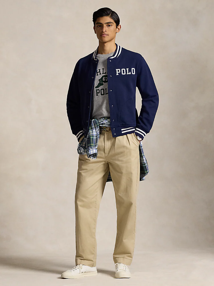 RALPH LAUREN Logo Fleece Baseball Jacket Newport Navy - MAISONDEFASHION.COM