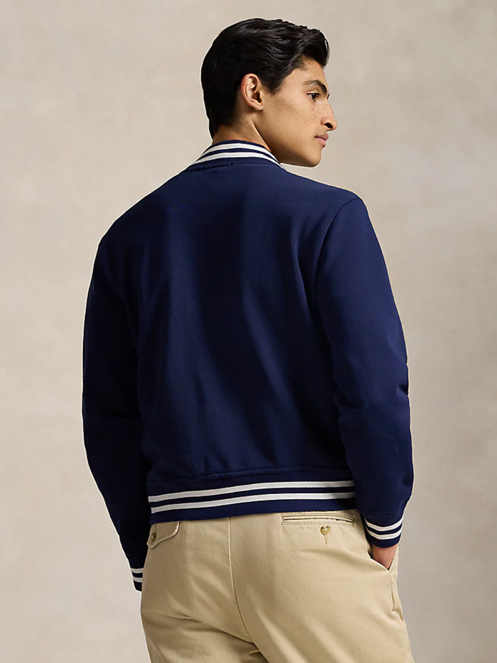 RALPH LAUREN Logo Fleece Baseball Jacket Newport Navy - MAISONDEFASHION.COM