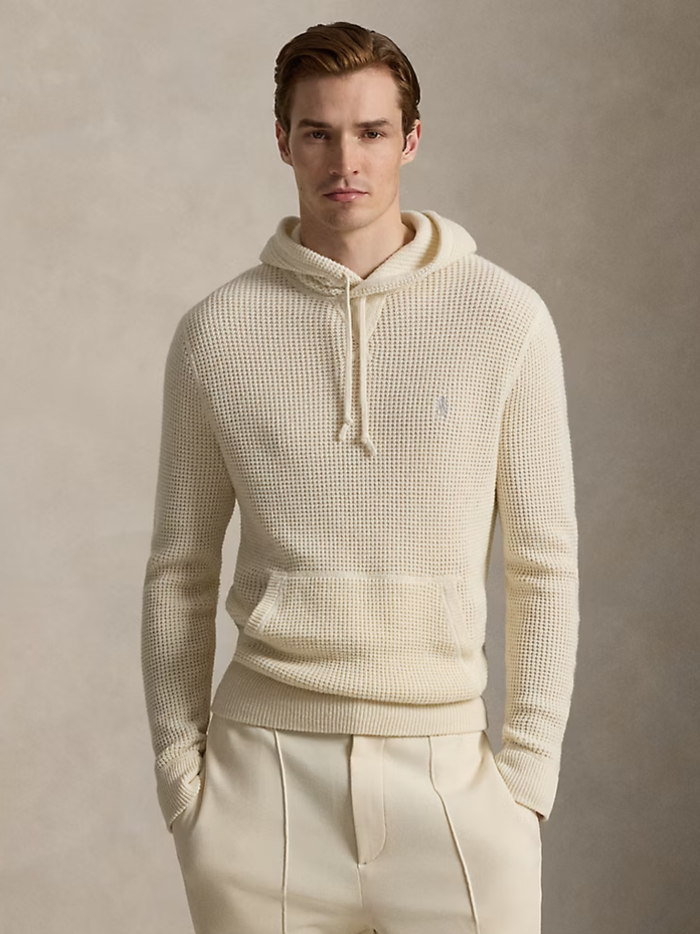 RALPH LAUREN Long-Sleeve Textured Hooded Pullover Sweater Andover Cream - MAISONDEFASHION.COM