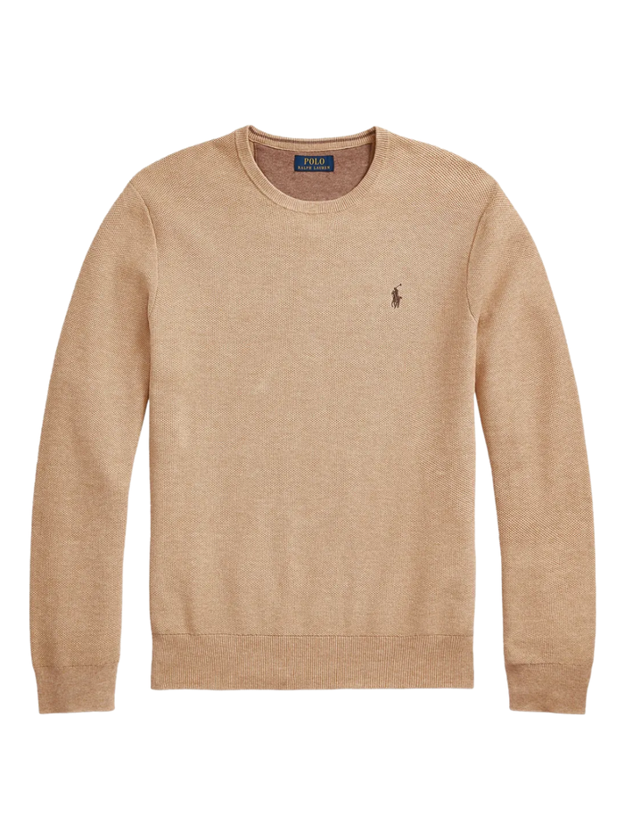 RALPH LAUREN Mesh-Knit Cotton Crewneck Sweater Camel Melange