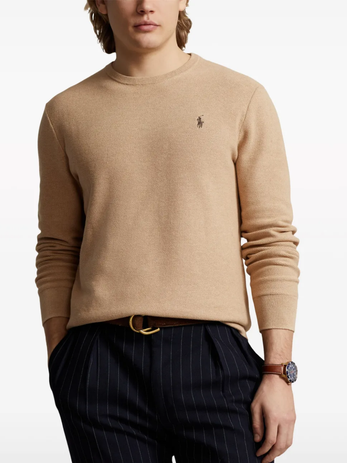 RALPH LAUREN Mesh-Knit Cotton Crewneck Sweater Camel Melange
