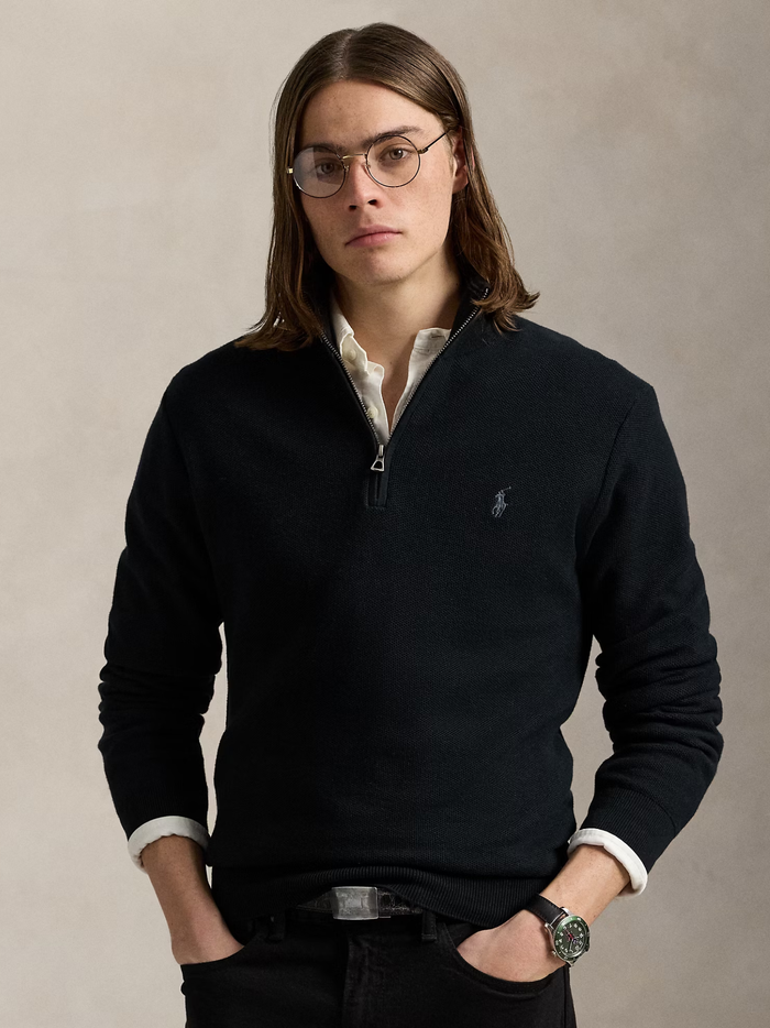 RALPH LAUREN Mesh-Knit Cotton Quarter-Zip Jumper Black - MAISONDEFASHION.COM