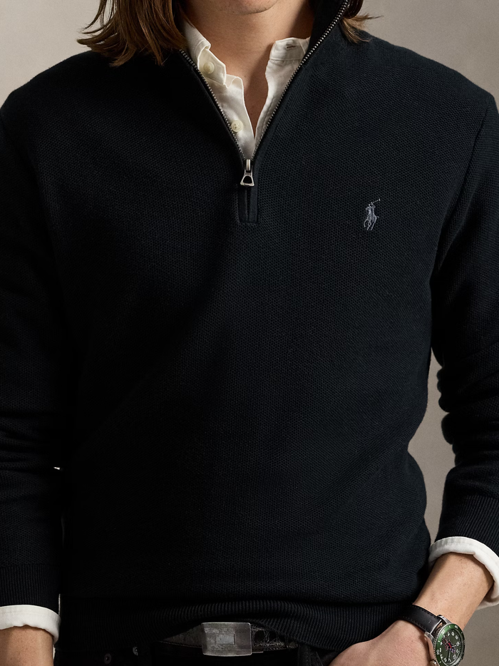 RALPH LAUREN Mesh-Knit Cotton Quarter-Zip Jumper Black - MAISONDEFASHION.COM
