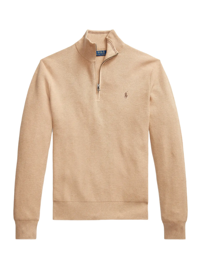 RALPH LAUREN Mesh-Knit Cotton Quarter-Zip Sweater Camel Melange