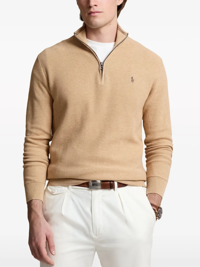 RALPH LAUREN Mesh-Knit Cotton Quarter-Zip Sweater Camel Melange