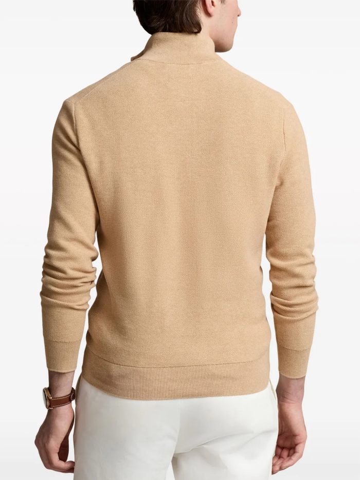 RALPH LAUREN Mesh-Knit Cotton Quarter-Zip Sweater Camel Melange
