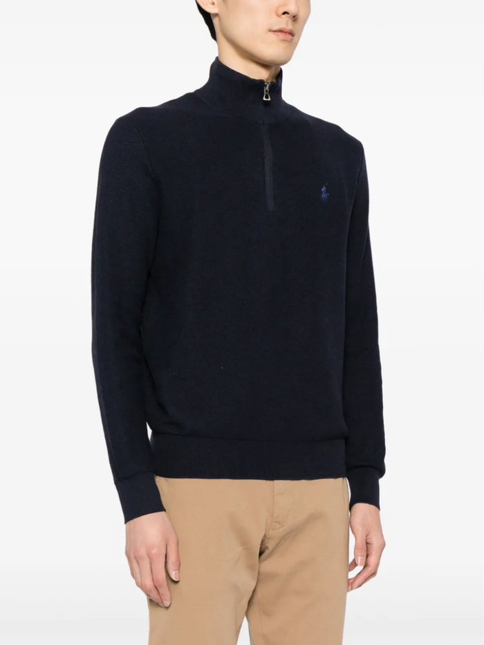 RALPH LAUREN Mesh-Knit Cotton Quarter-Zip Sweater Navy Heather