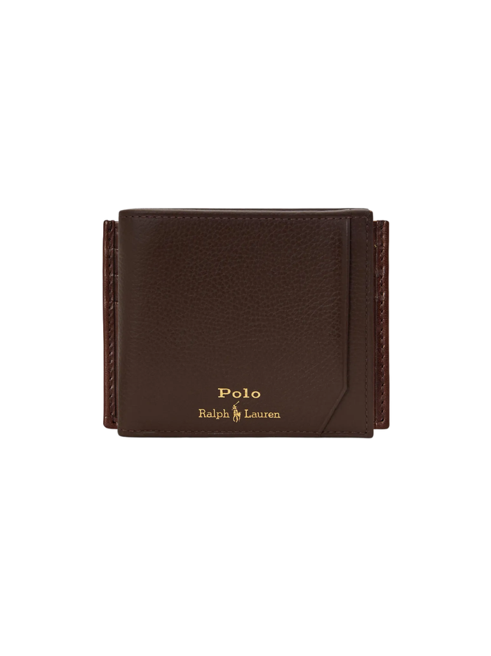 RALPH LAUREN Pebbled Leather Billfold Coin Wallet Dark Brown