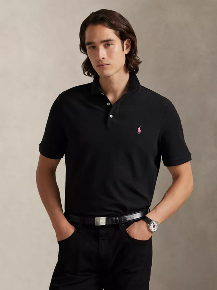 RALPH LAUREN Pink Pony Stretch Mesh Polo Shirt Black - MAISONDEFASHION.COM