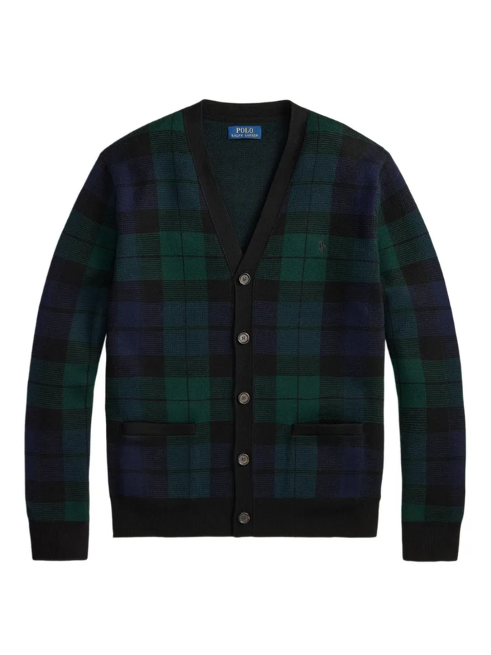 RALPH LAUREN Plaid Washable Wool Cardigan Blackwatch Combo