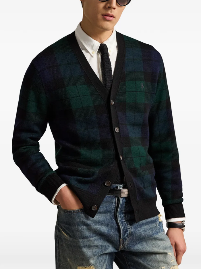 RALPH LAUREN Plaid Washable Wool Cardigan Blackwatch Combo