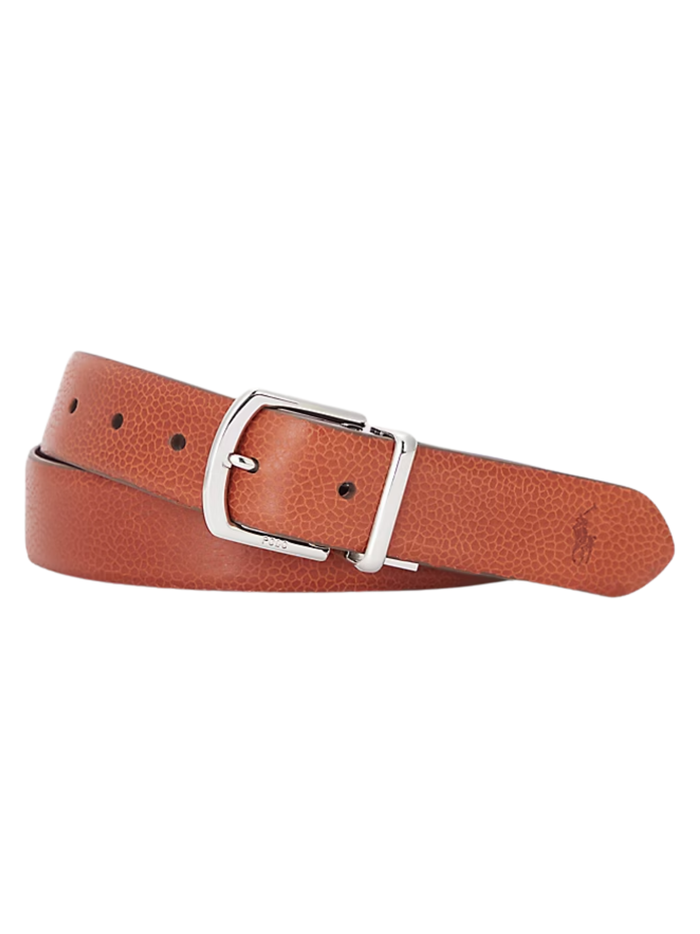 RALPH LAUREN Reversible Pebble Leather Belt Cognac/Burgundy - MAISONDEFASHION.COM