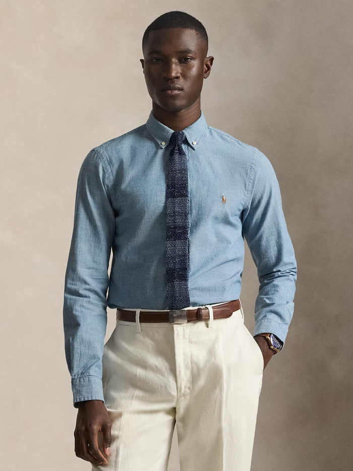 RALPH LAUREN Slim Fit Chambray Shirt Medium Wash - MAISONDEFASHION.COM