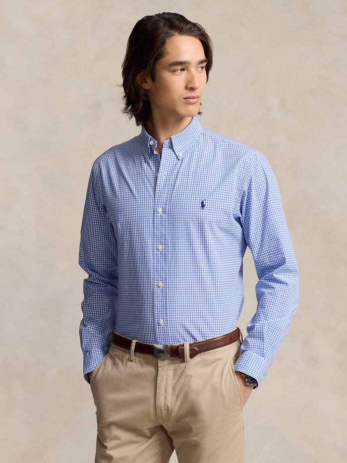 RALPH LAUREN Slim Fit Check Stretch Poplin Shirt Blue/White Check - MAISONDEFASHION.COM
