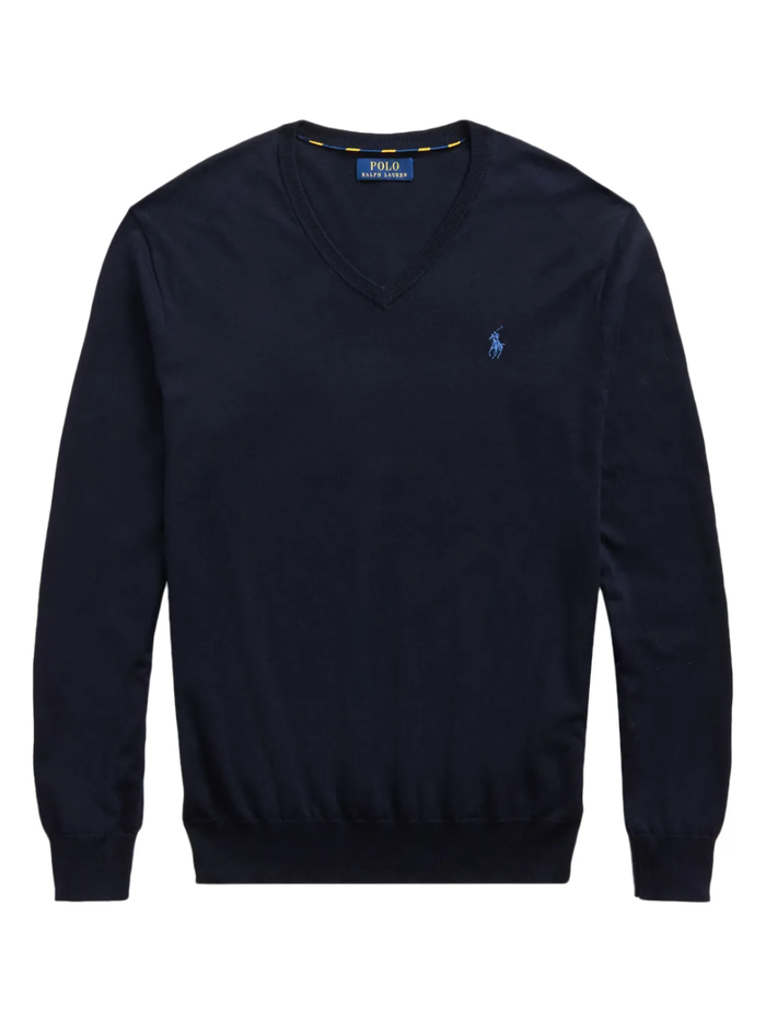 RALPH LAUREN Slim Fit Cotton V-Neck Sweater Hunter Navy