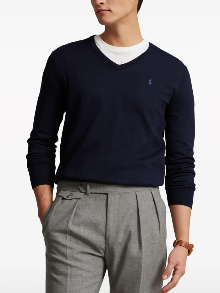 RALPH LAUREN Slim Fit Cotton V-Neck Sweater Hunter Navy